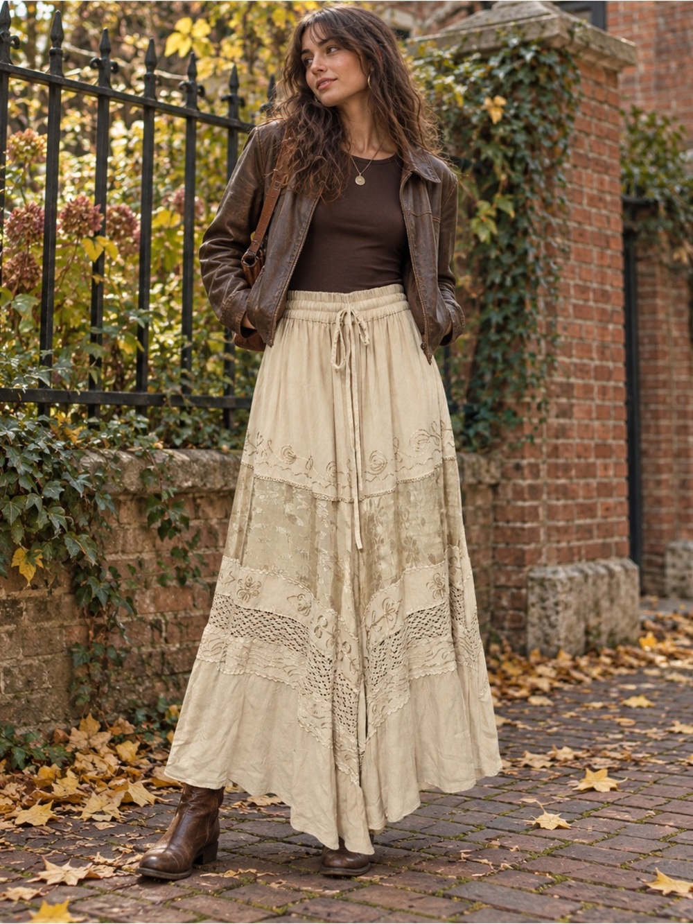 Just Cruising Maxi Skirt Embroidered Romantic Lace Boho Fairycore Free Size Tan
